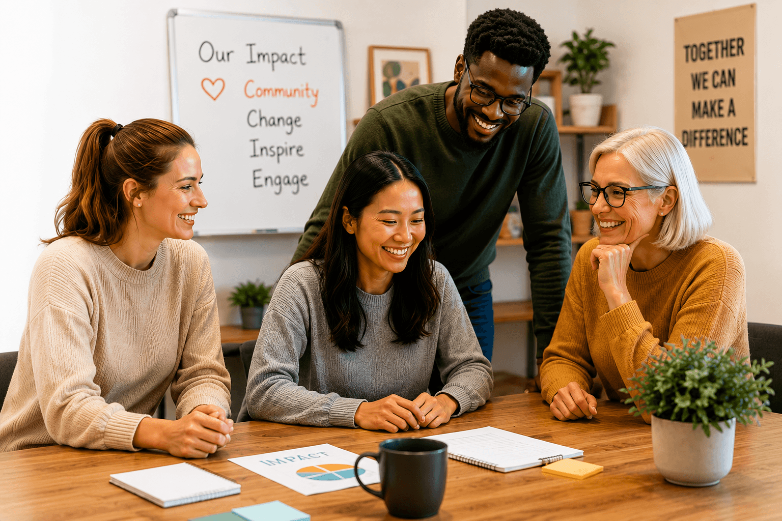 Volunteers with Your Kindness Corner dashboard on laptop and phone