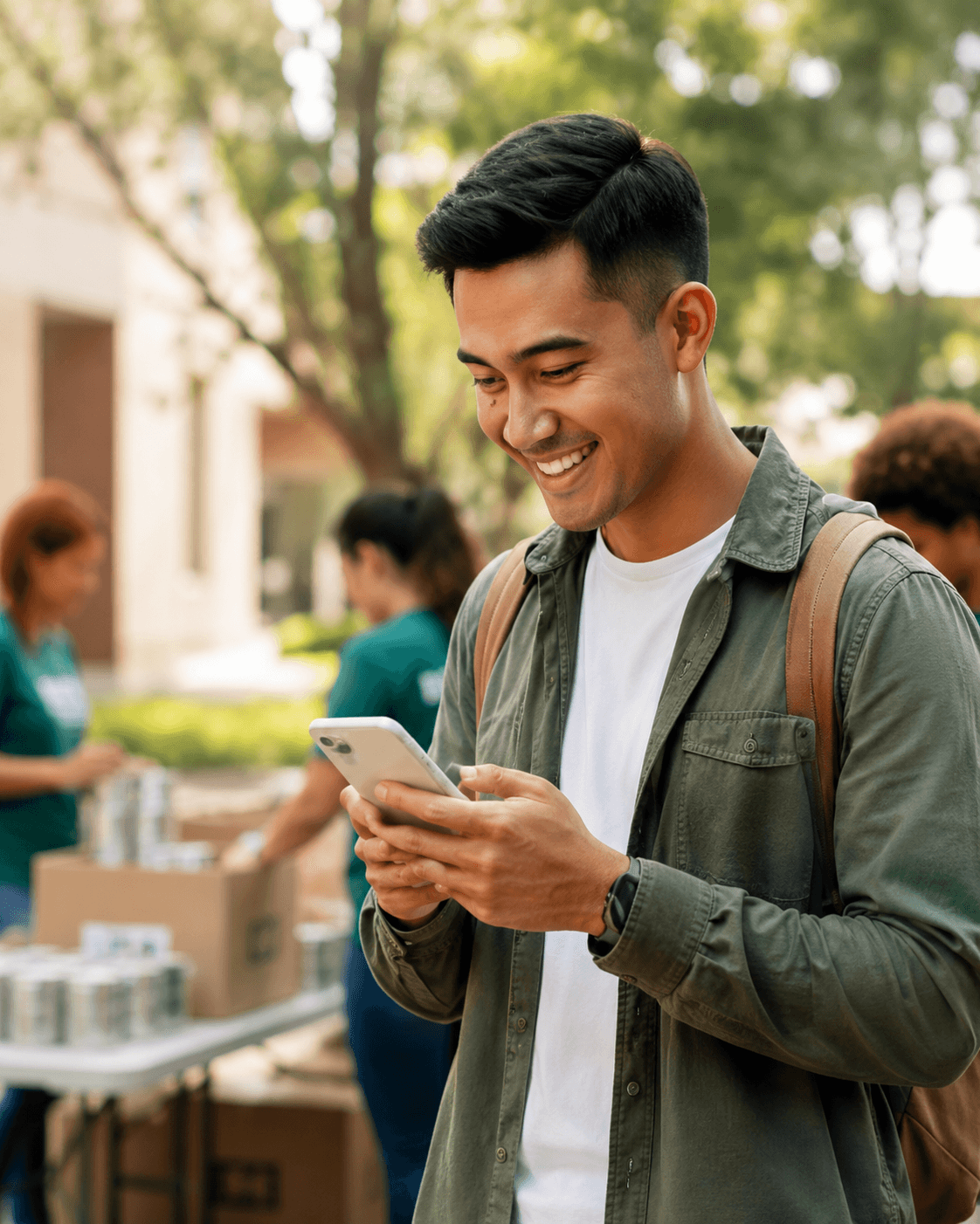 Volunteer checking hours on a phone