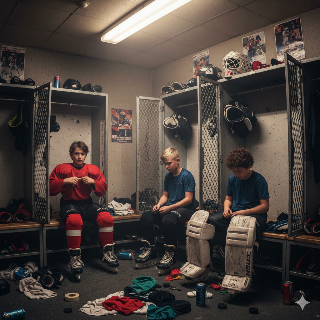 Three young hockey players in a dressing room, preparing equipment for a game.