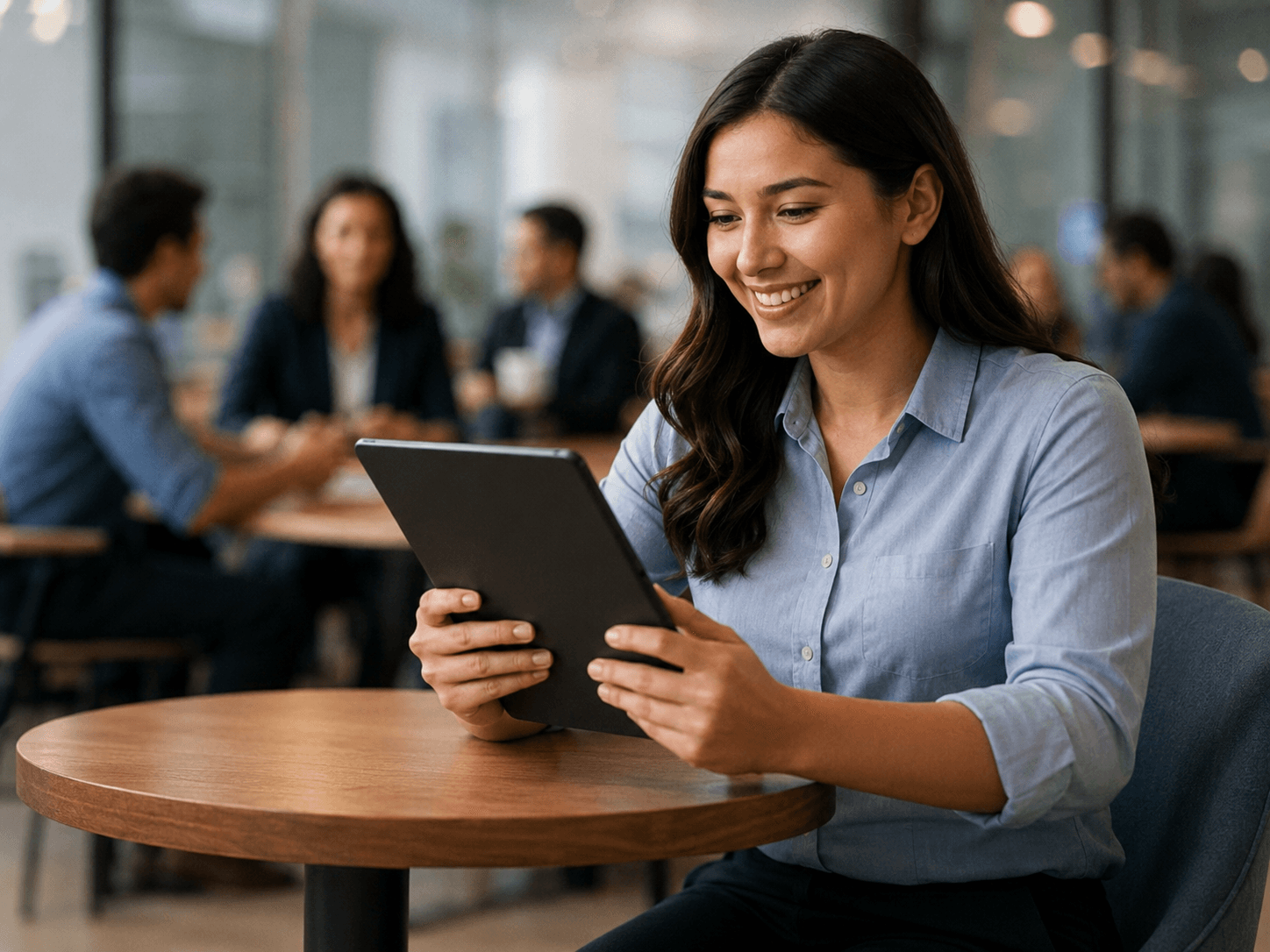 A team member reviewing her verified impact activity on a tablet