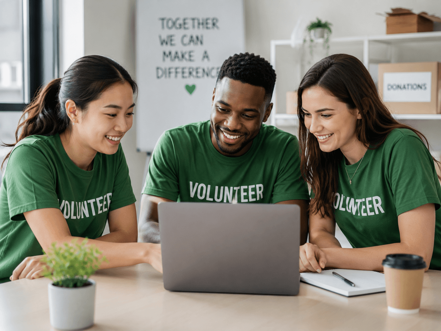 Three team members in volunteer t-shirts reviewing activity together on a laptop