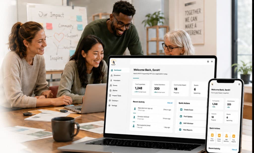 Nonprofit team with Your Kindness Corner dashboard on laptop and mobile