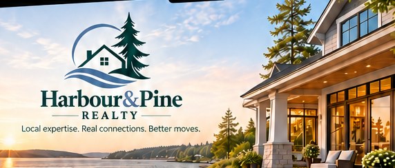Harbour & Pine Realty cover image of a lakeside home at sunset